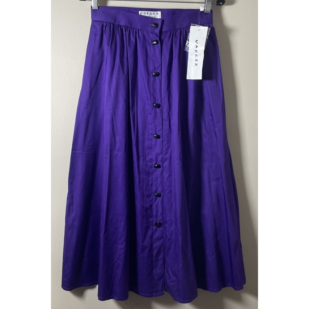 Jaeger Vintage Purple Button Down Cotton Midi Skirt Pockets NWT 26" Waist